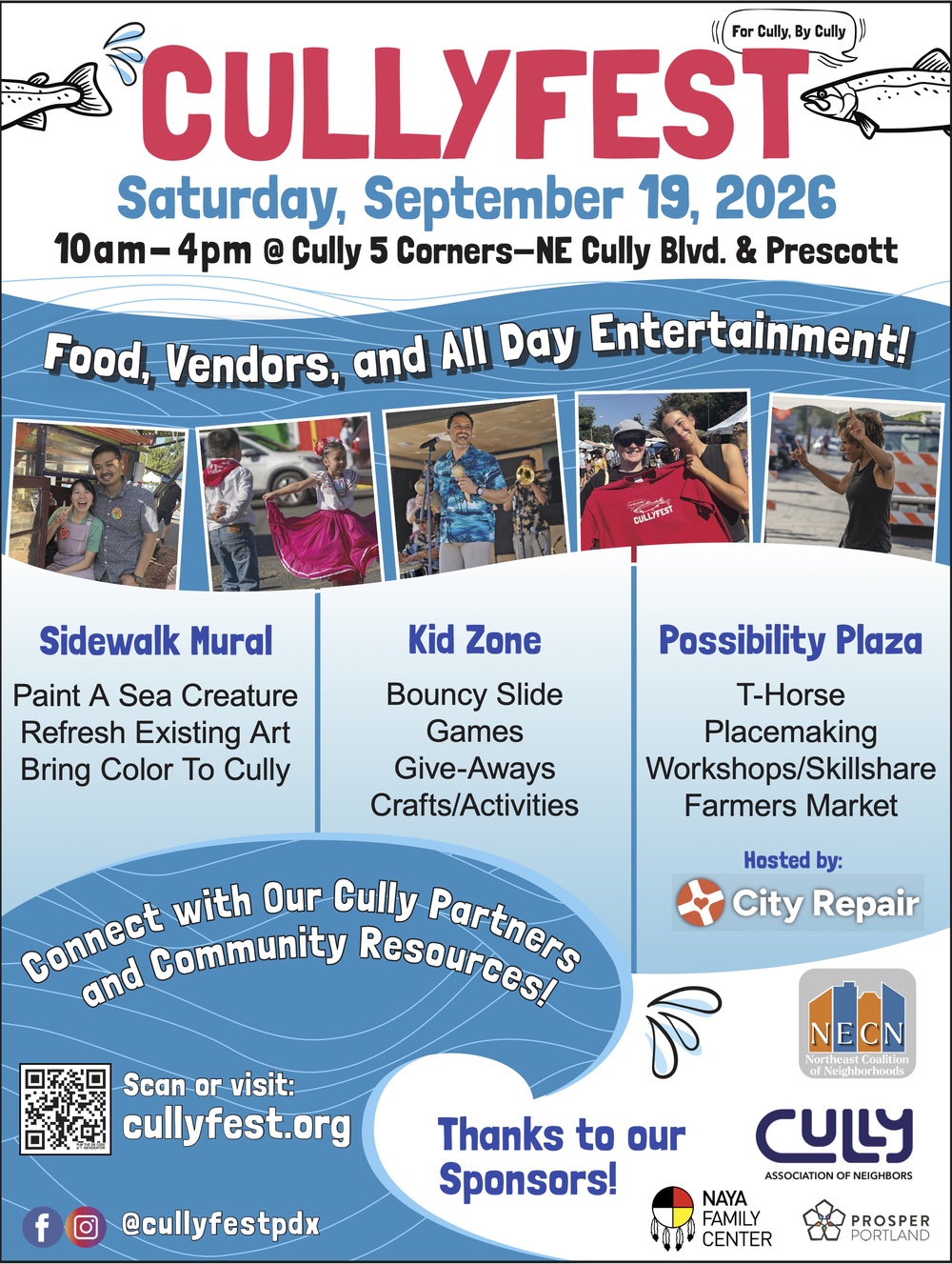 CullyFest 2026 poster — Saturday, September 19, 2026, 10 AM–4 PM at Cully 5 Corners (NE Cully Blvd & Prescott). Food, vendors, all-day entertainment, kid zone, sidewalk mural, Possibility Plaza. cullyfest.org