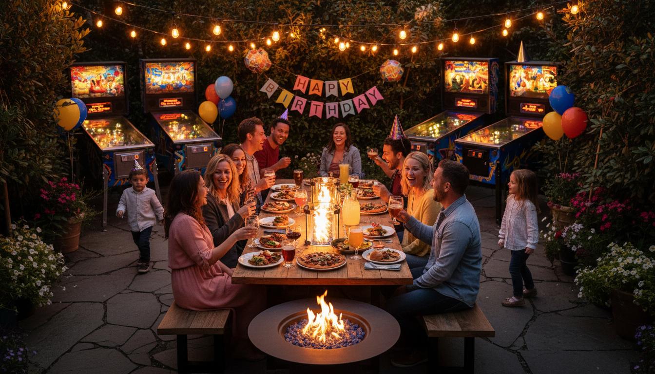 Birthday celebration at The Back Patio garden patio with fire tables, string lights, pinball machines, and food