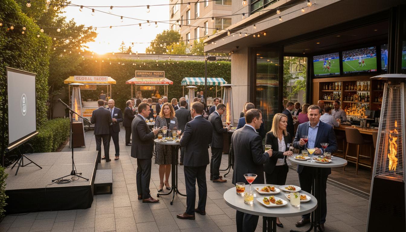 Corporate event at The Back Patio with food carts, bar, indoor dining, and TVs