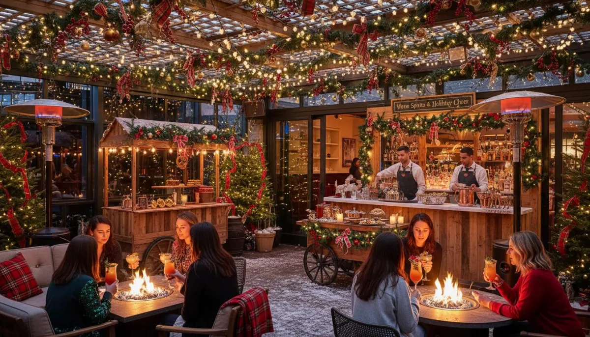 Holiday party at The Back Patio with festive lights, fire tables, heated patio, food carts, and craft drinks
