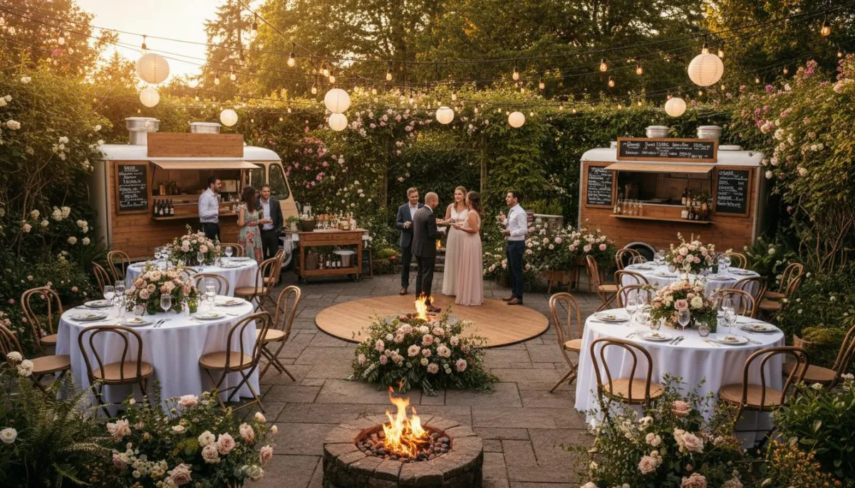 Wedding reception at The Back Patio garden patio with fire tables, string lights, food carts, and romantic lighting