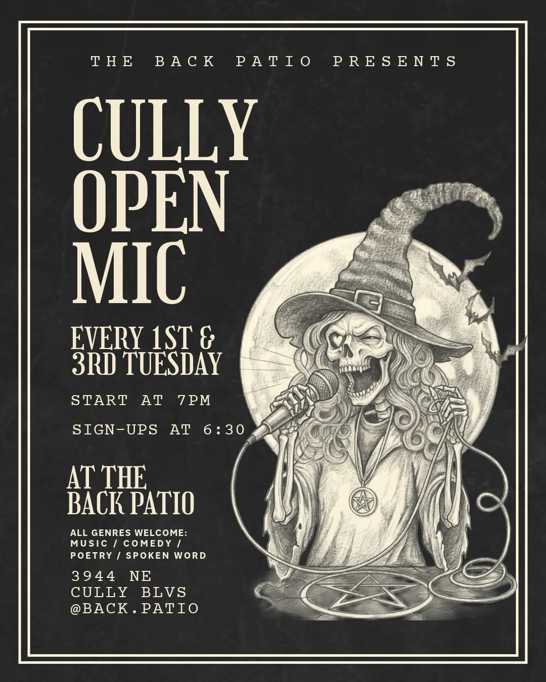 Free, all-ages open mic in Cully. 1st & 3rd Tuesdays. Sign up at 6:30, music at 7.