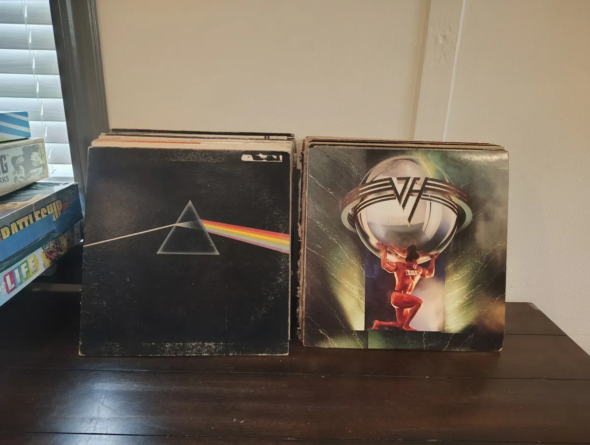 Vinyl records and music setup at The Back Patio